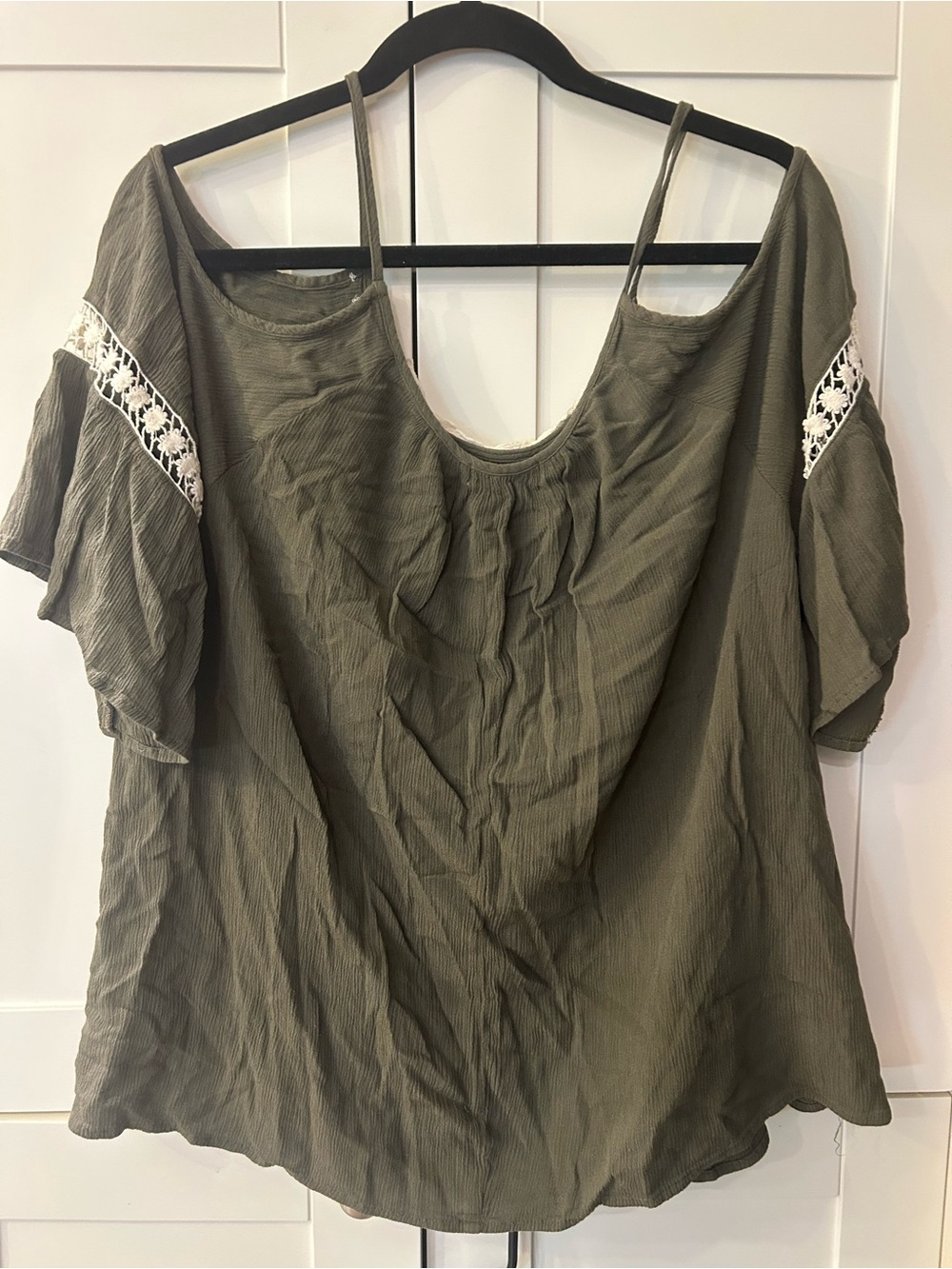 Maurices Olive Green Off-Shoulder Lace-Trim Tunic - Picture 2 of 3